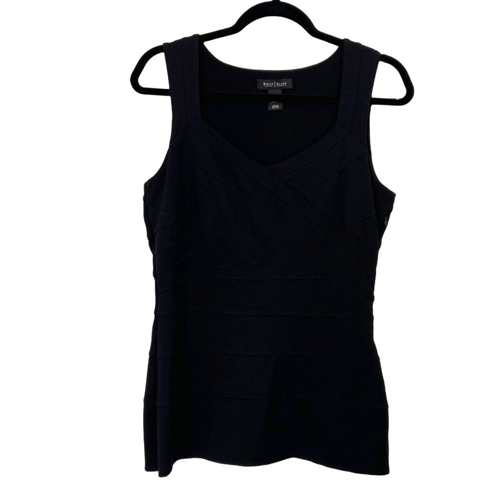 White House Black Market Womens Black V Neck Tank Top Size 10 Ribbed Textured